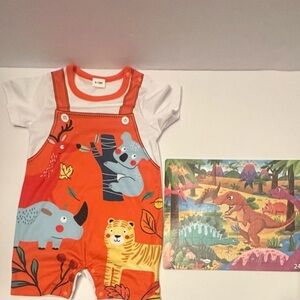 Orange Animal Print Baby Onesie/ Dinosaur Puzzle Bundle. 2 for the price of one